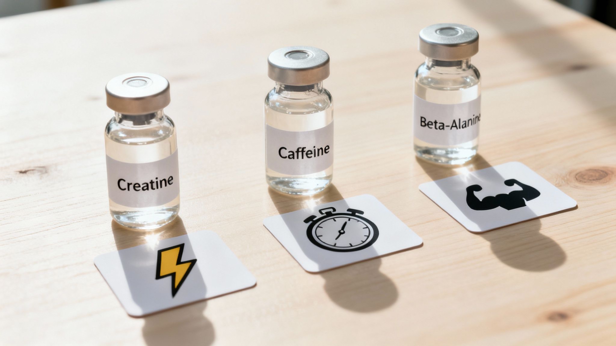 Vials of Creatine, Caffeine, and Beta-Alanine supplements with icons symbolizing energy, speed, and muscle gain.