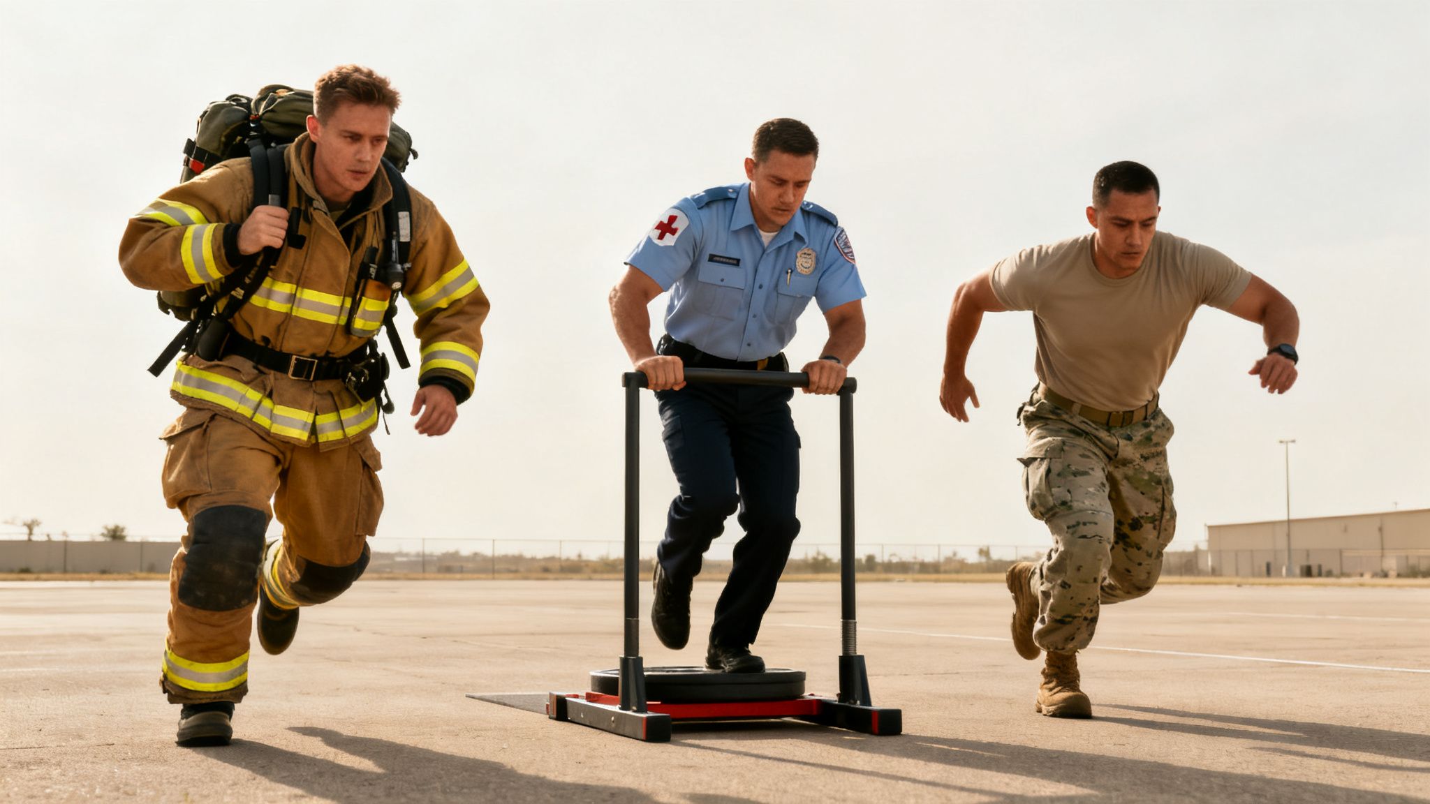 Three first responders: a firefighter, a medic, and a soldier, train outdoors with equipment.