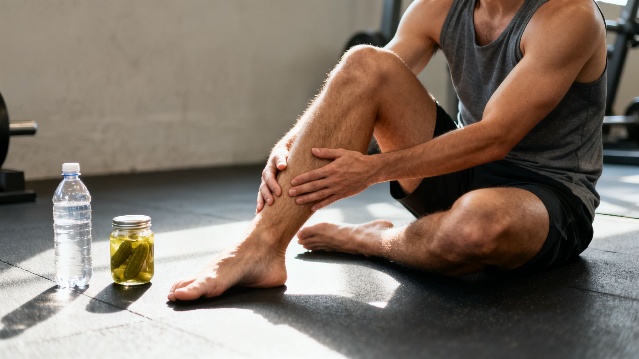 A man sits on a gym floor, holding his leg, with water and pickles nearby.