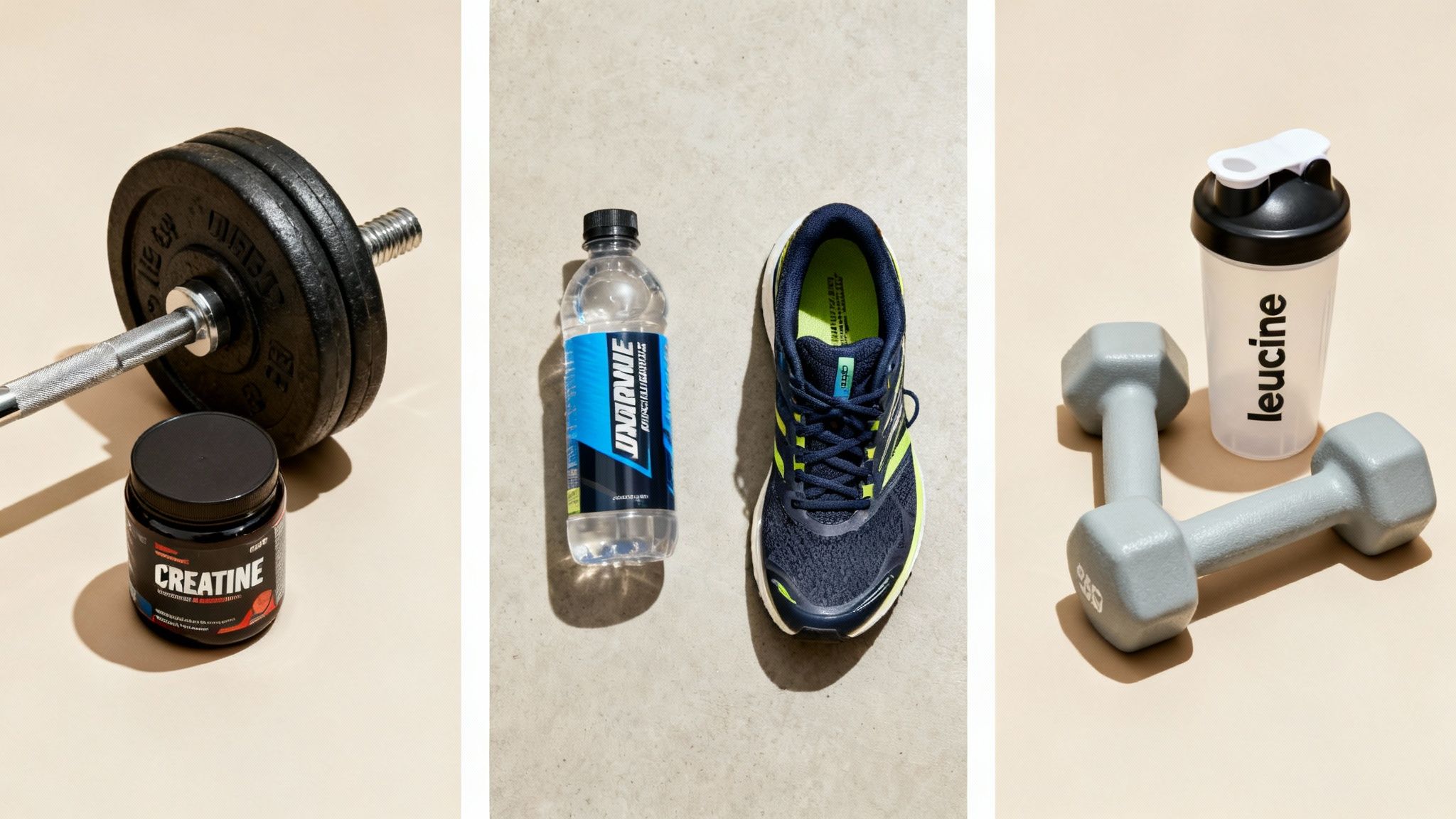 A flat lay showcasing fitness equipment and supplements including a barbell, dumbbells, running shoe, creatine, and leucine shaker.