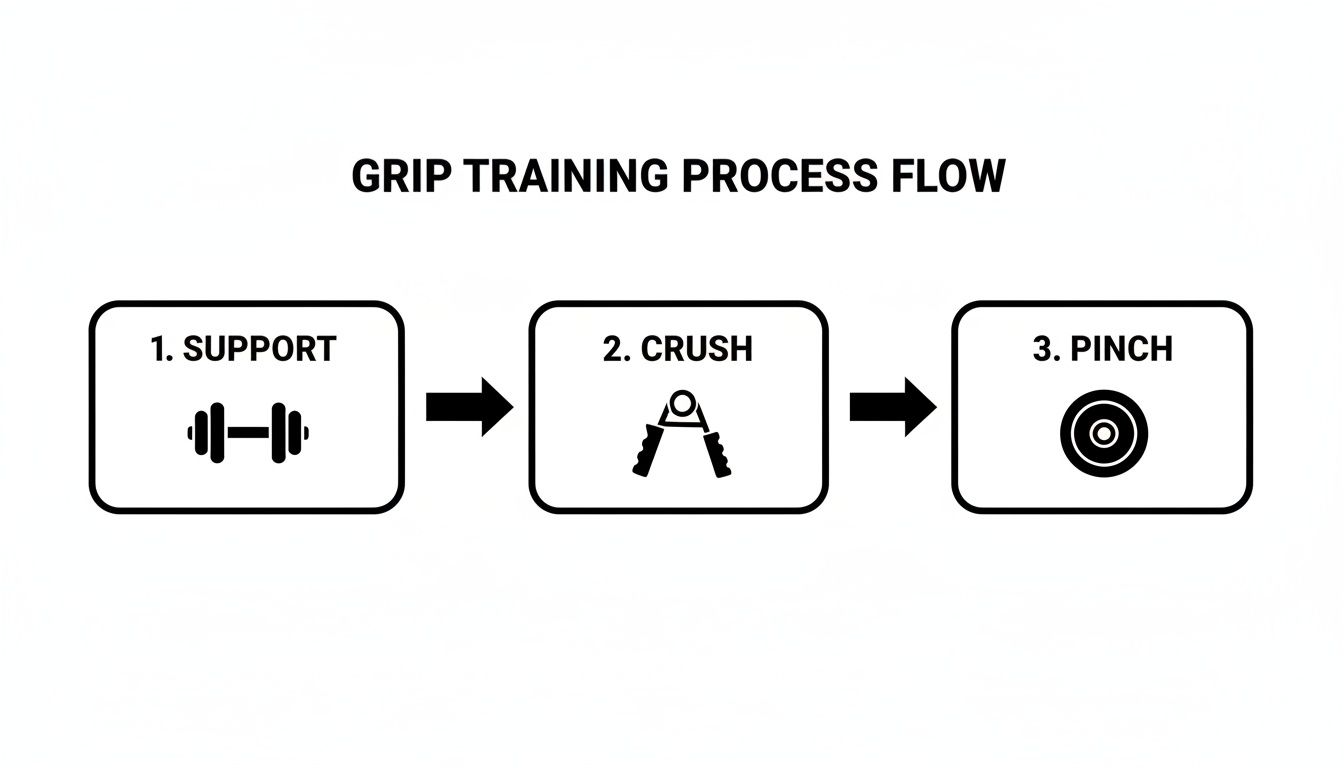 Flowchart showing three steps for grip training: support (dumbbell), crush (gripper), and pinch (weight plate).