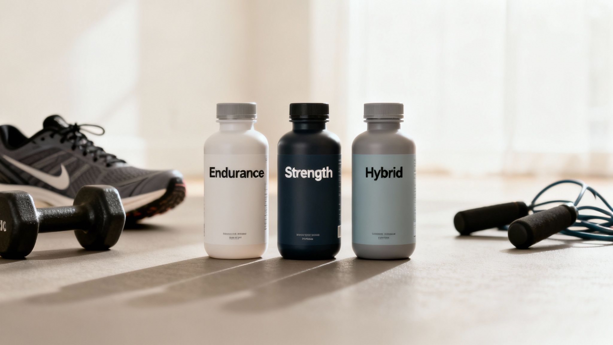 Three fitness supplement bottles labeled Endurance, Strength, and Hybrid with workout equipment on wooden surface