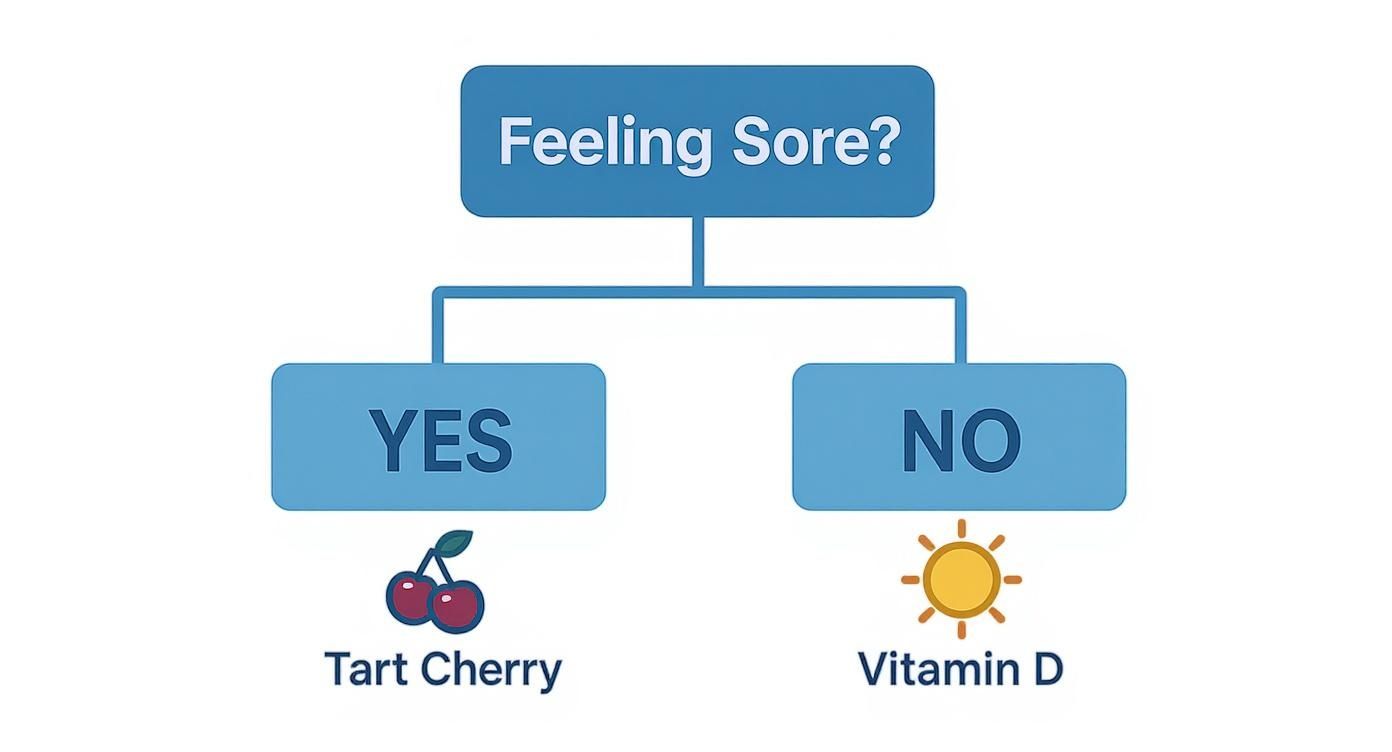 Flowchart addressing soreness, suggesting Tart Cherry if sore and Vitamin D if not sore.