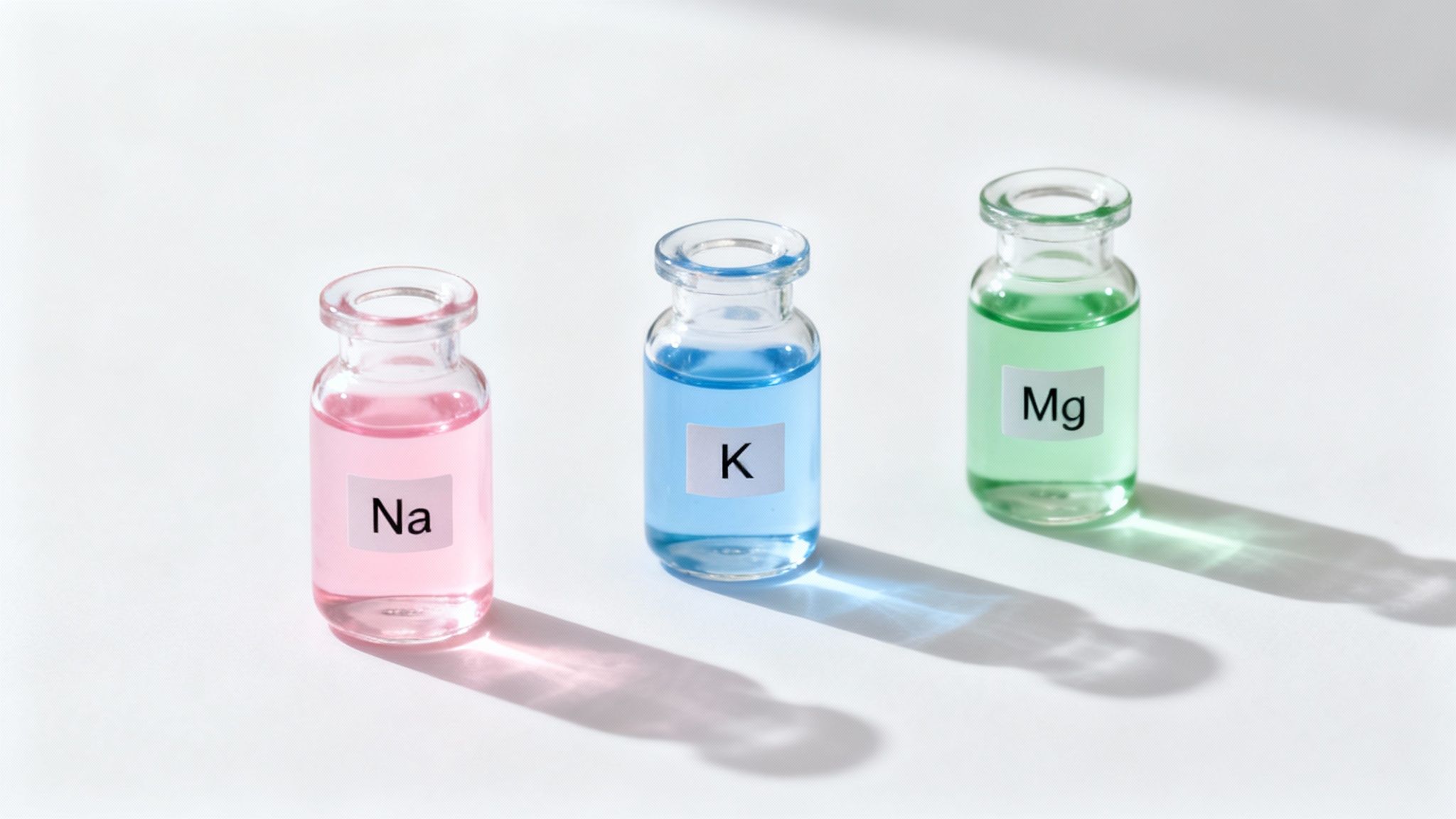 Three small glass vials containing pink (Na), blue (K), and green (Mg) electrolyte solutions.
