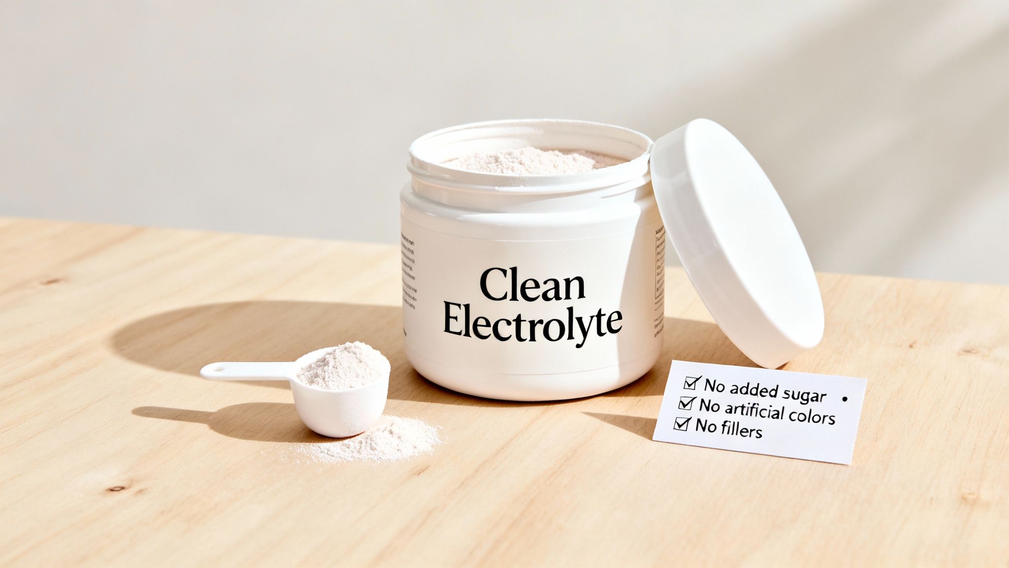 Open jar of Clean Electrolyte powder, scoop, and card noting 'no added sugar' on wood.