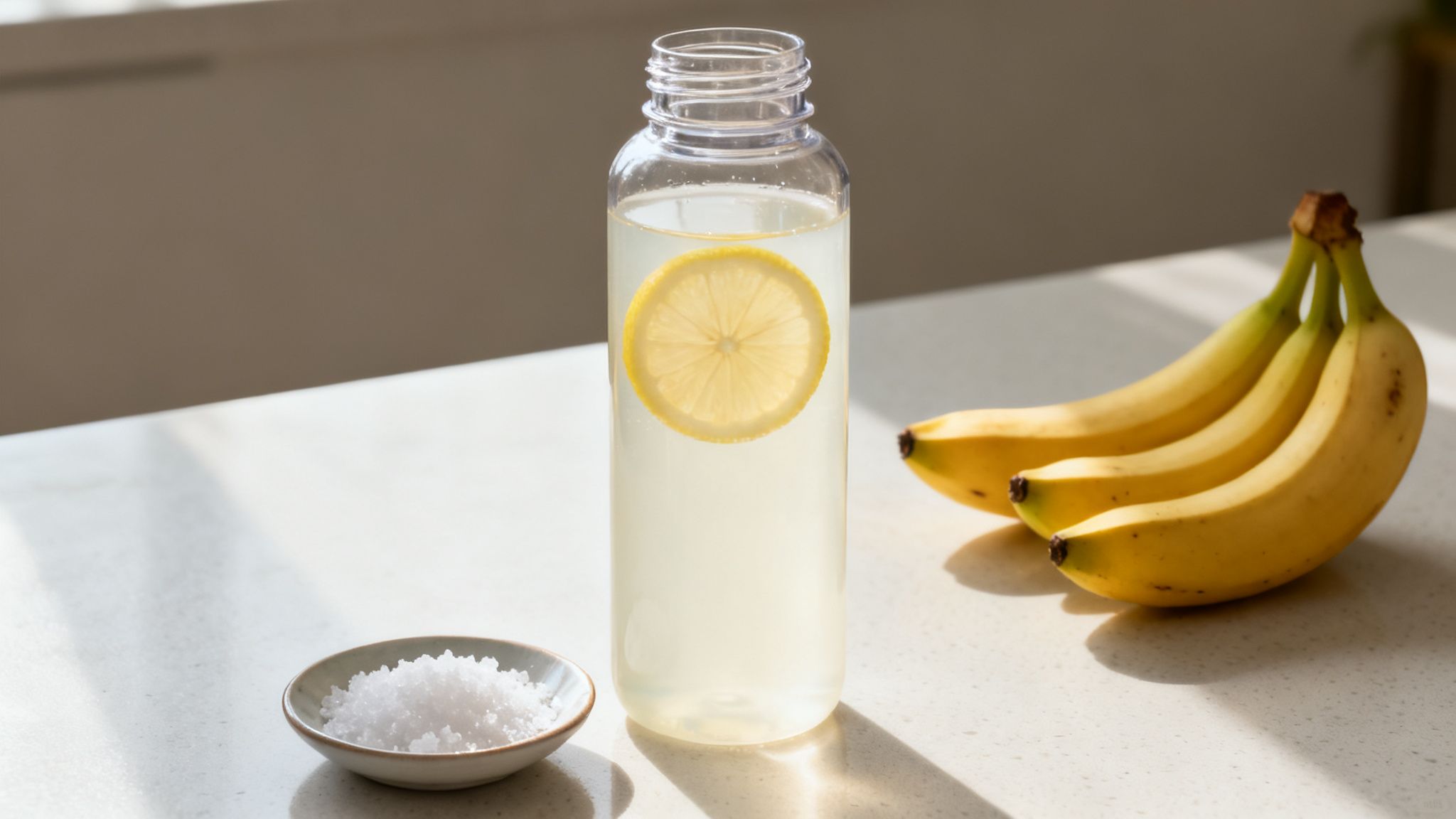 A clear bottle of lemon water, a small bowl of salt, and a bunch of ripe bananas on a countertop.
