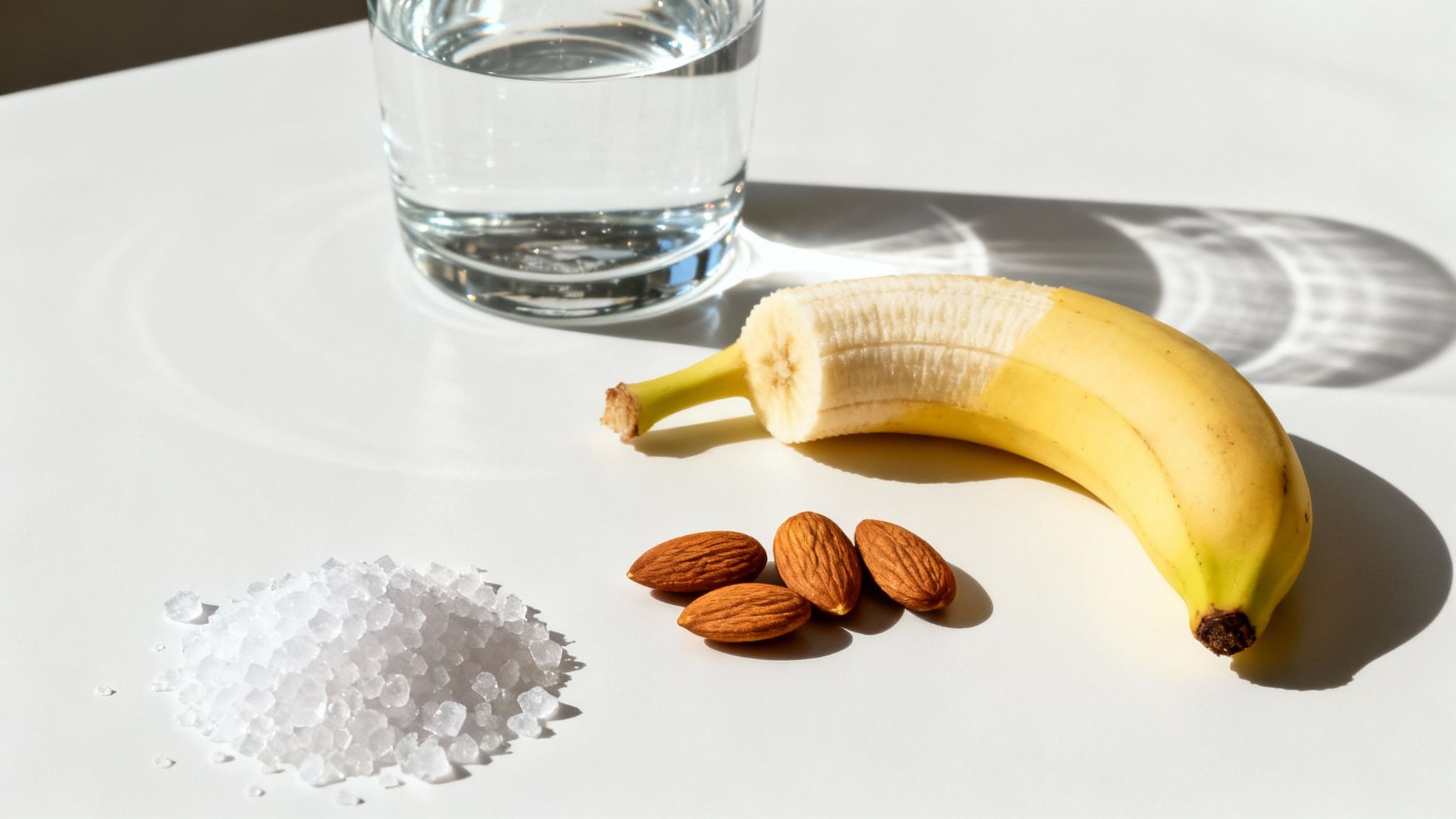 A glass of water, a partially peeled banana, four almonds, and coarse salt on a white surface.