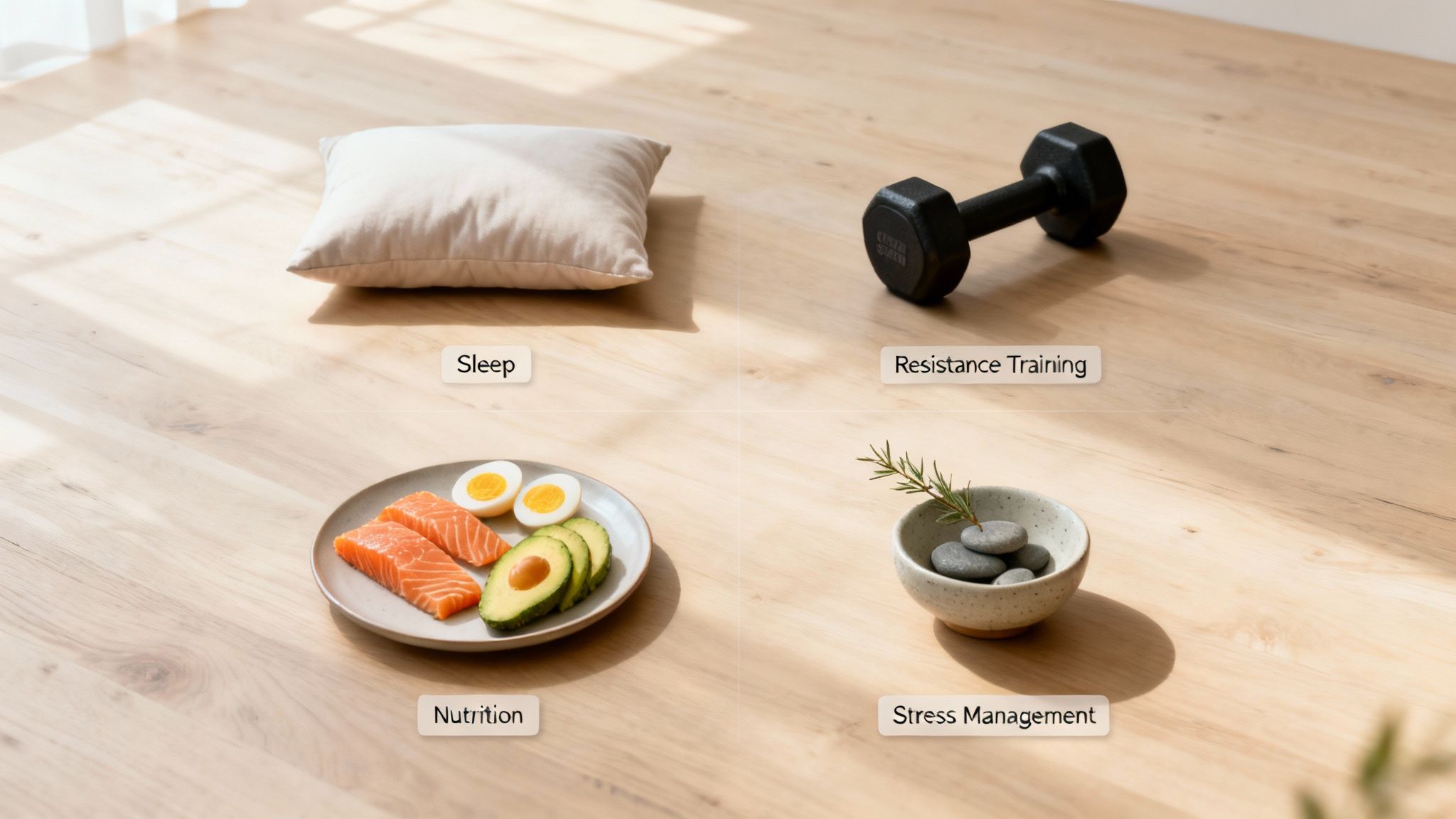 Four quadrants illustrating healthy lifestyle pillars: sleep, resistance training, nutrition, and stress management.