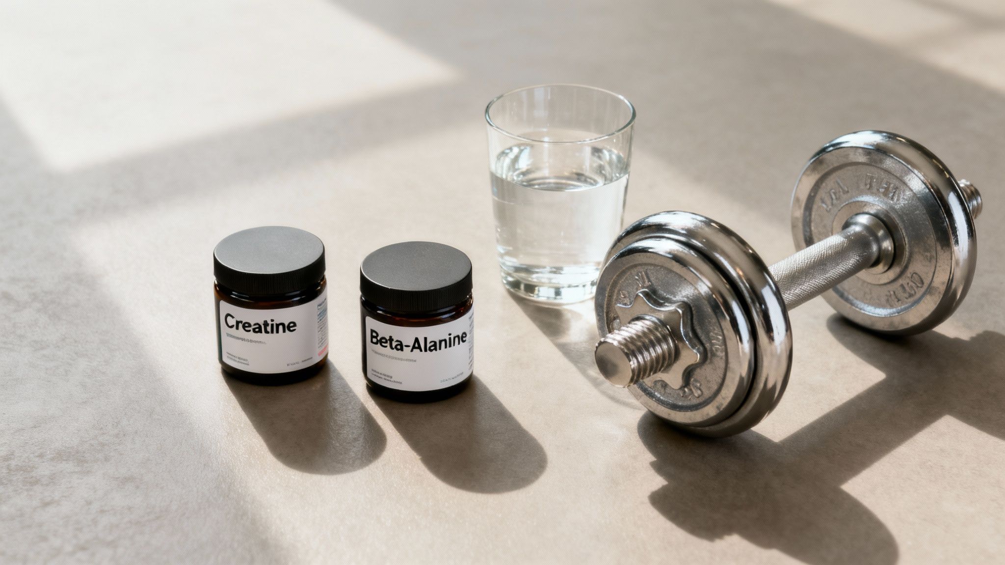 Creatine and Beta-Alanine supplements with a glass of water and a dumbbell, ready for a workout.