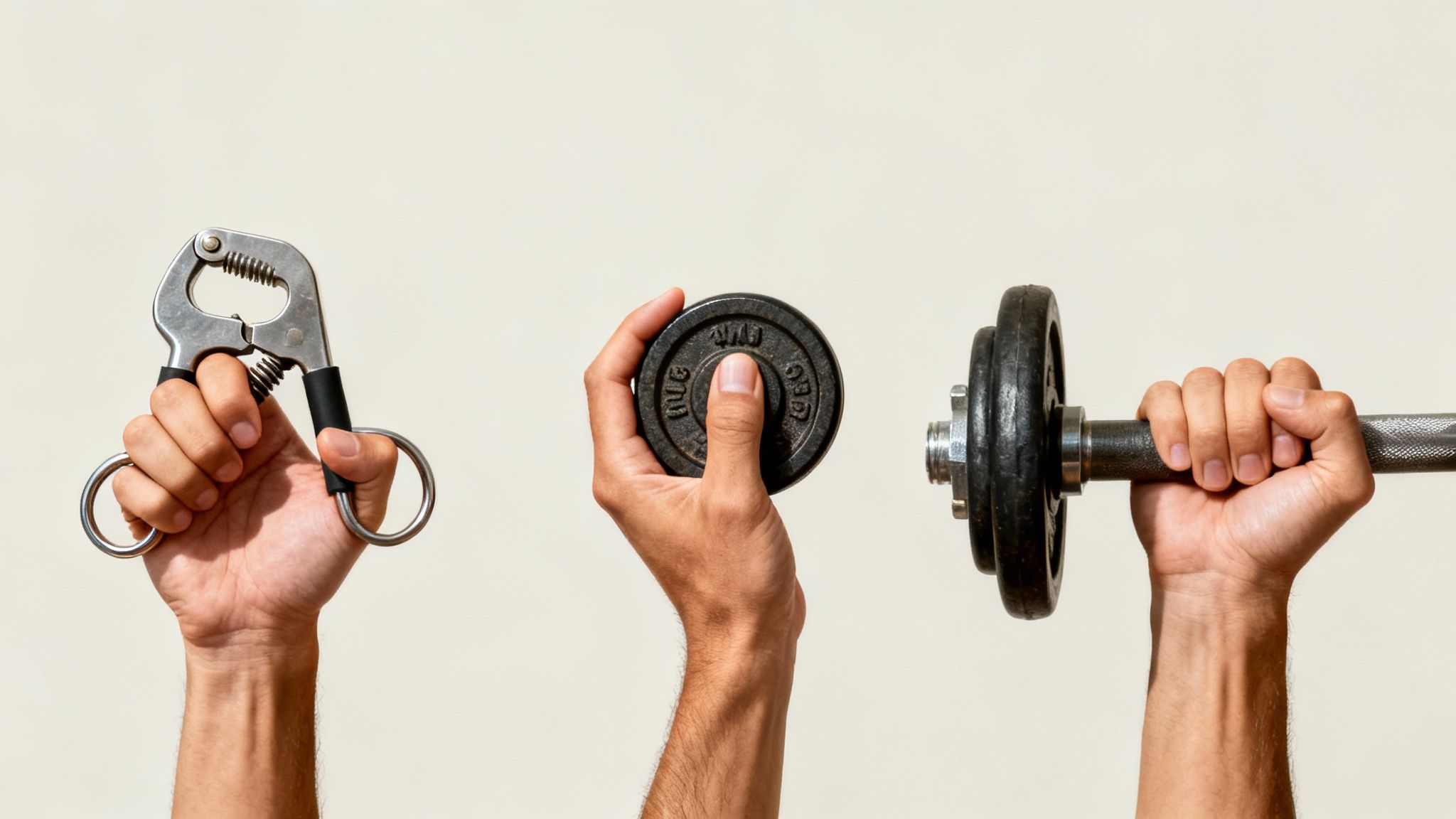 Three hands demonstrating grip strength exercises using a hand gripper, a weight plate, and a dumbbell.