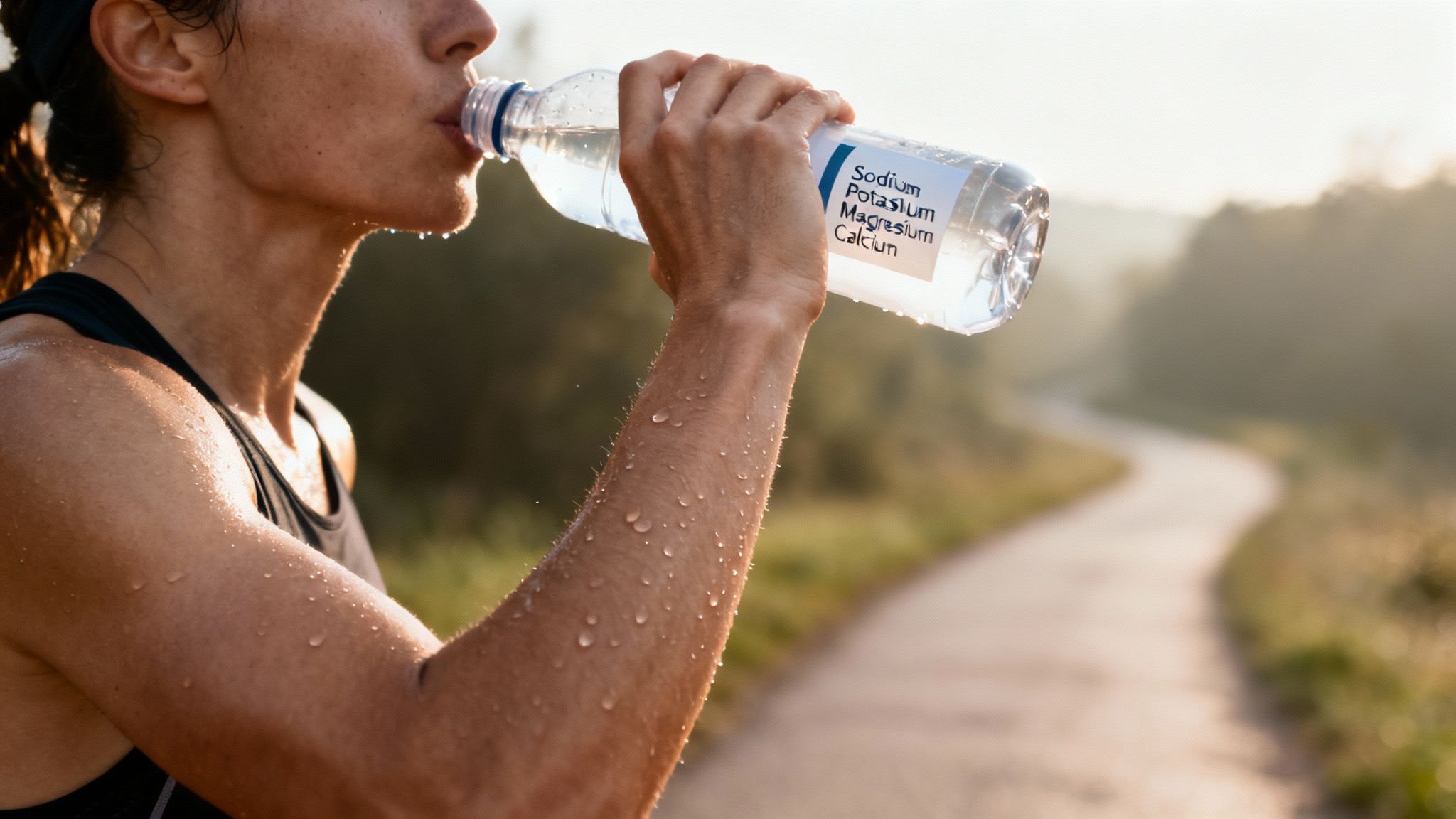 Sweaty runner rehydrating with an electrolyte drink bottle on an outdoor path after exercise.