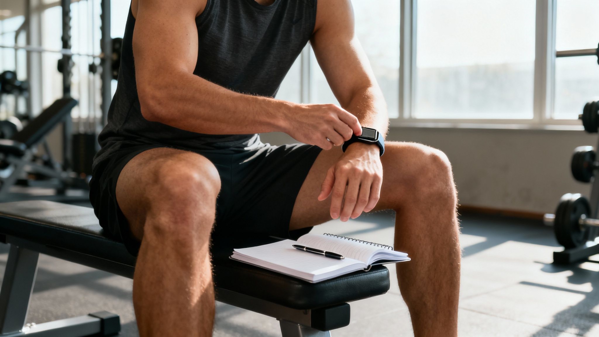 Athlete sitting on a bench, looking thoughtful and listening to their body.