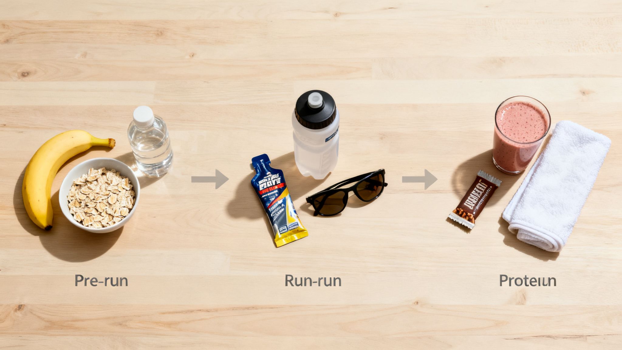 A flat lay showing pre-run, during-run, and post-run nutrition and gear for runners.