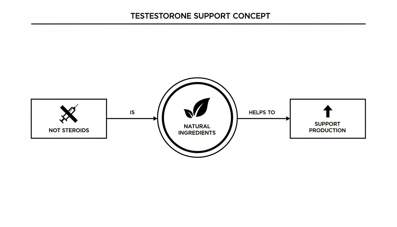A diagram explaining the testosterone support concept: natural ingredients, not steroids, aid production.
