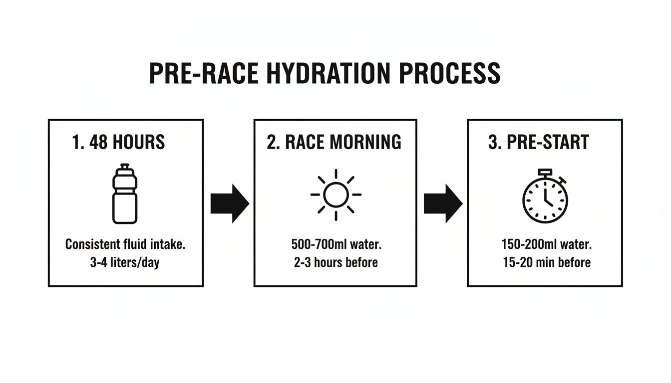 A three-step pre-race hydration guide for athletes, detailing fluid intake 48 hours, race morning, and pre-start.