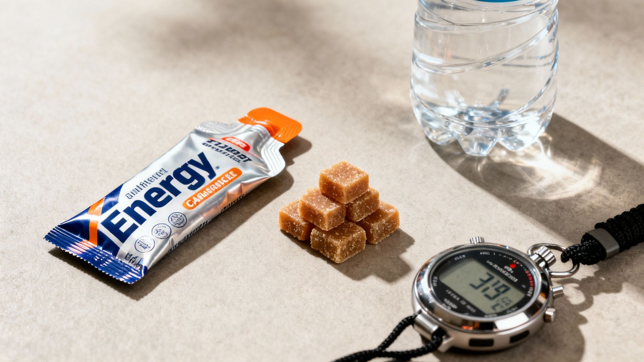 Marathon training essentials: an energy gel, sugar cubes, water bottle, and stopwatch on a light surface.