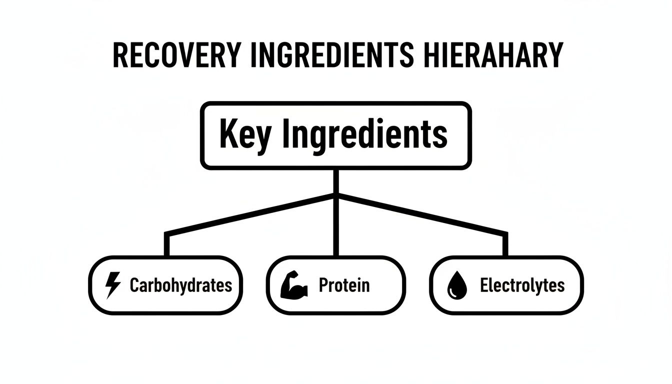 Hierarchy chart detailing key recovery ingredients: Carbohydrates, Protein, and Electrolytes for athletes.