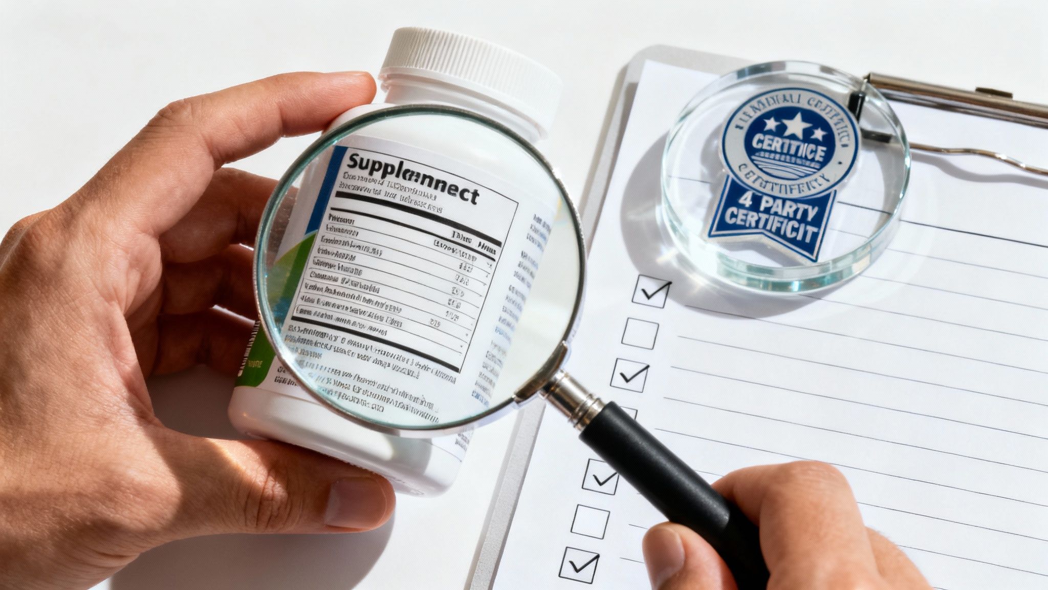 Hand uses a magnifying glass to inspect a supplement bottle label next to a clipboard with a certificate and checked boxes.