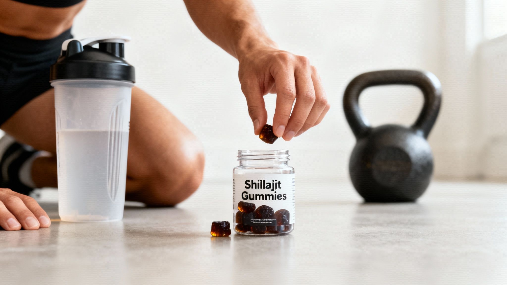 Athlete reaching for shilajit gummies next to a water bottle and kettlebell for fitness and recovery.