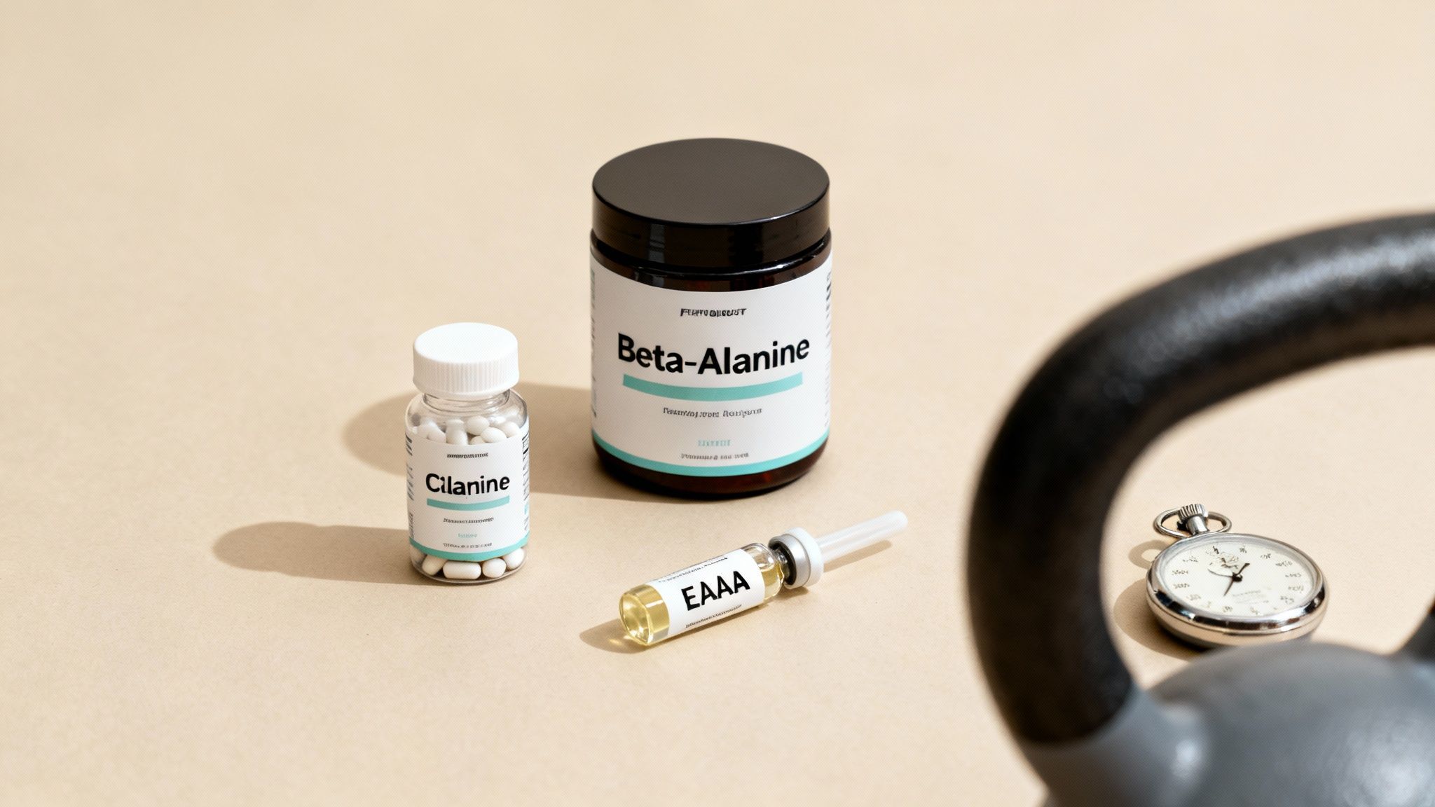 Various fitness supplements including Cilanine, Beta-Alanine, EAAA, a stopwatch, and kettlebell.