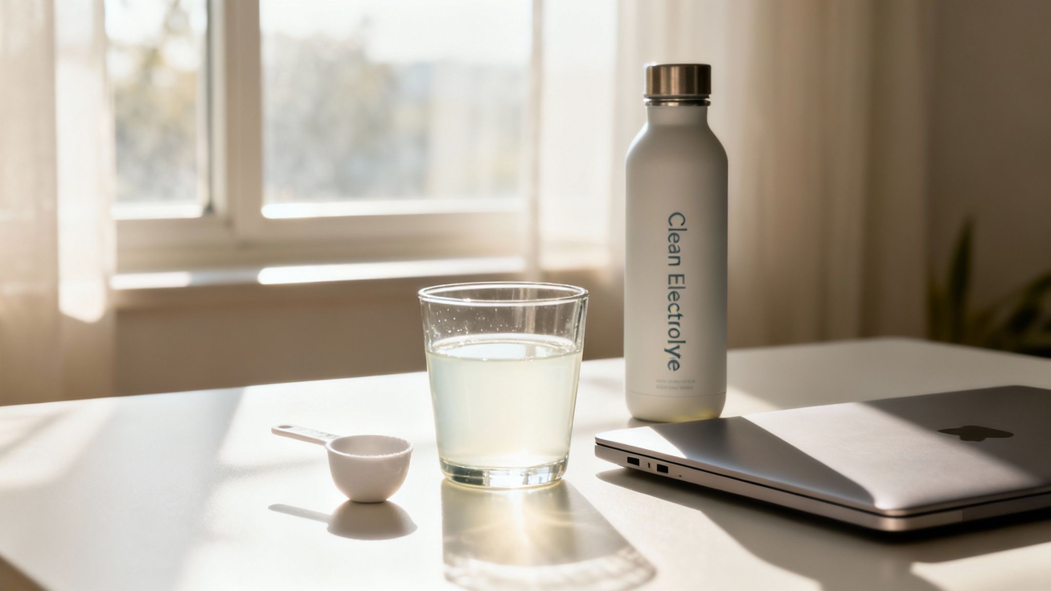 A bottle of 'Clean Electrolyte' with a glass of drink, a scoop, and a laptop on a sunny table.
