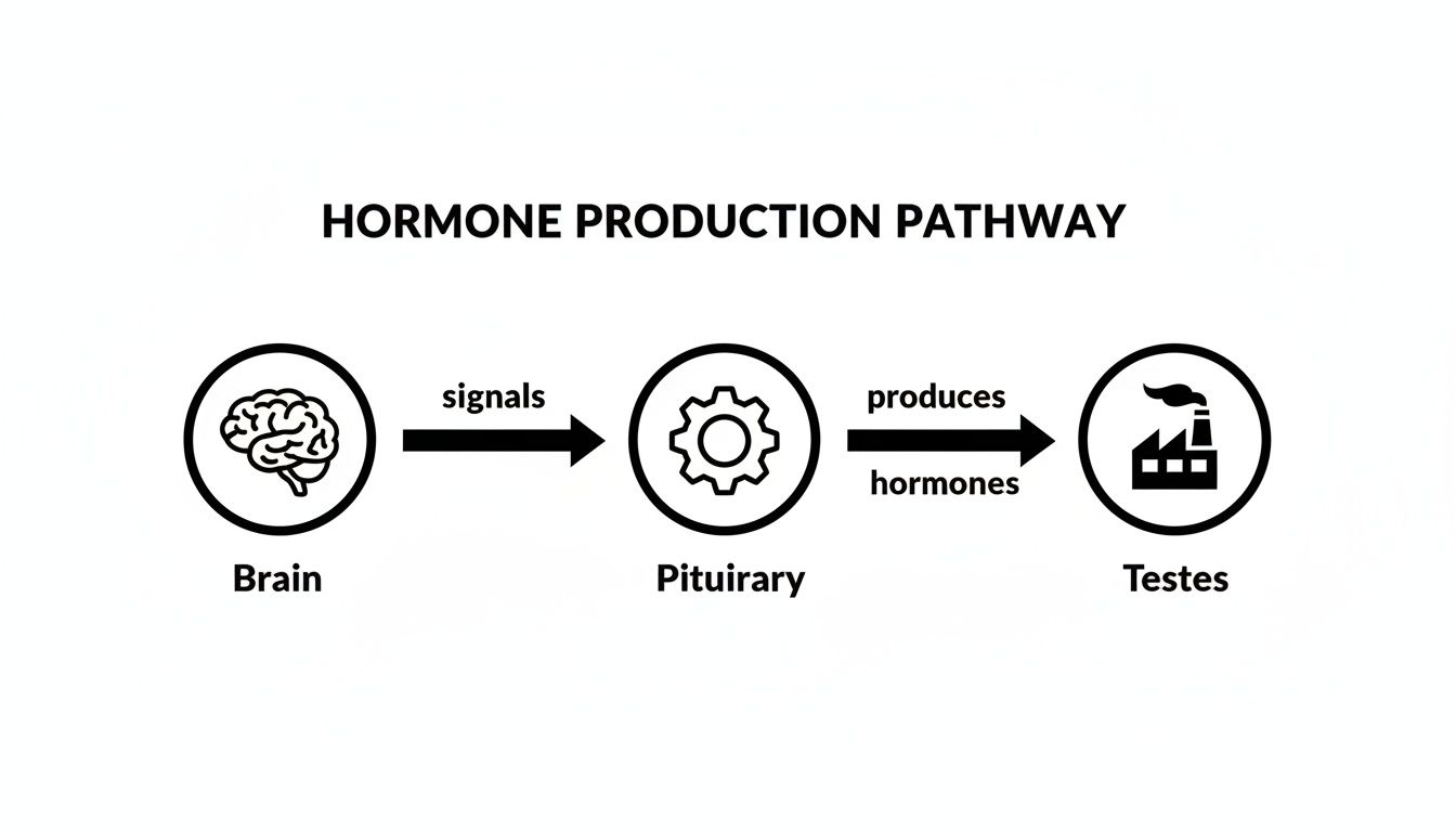 Diagram illustrating the hormone production pathway: Brain sends signals to Pituitary, which produces hormones for Testes.