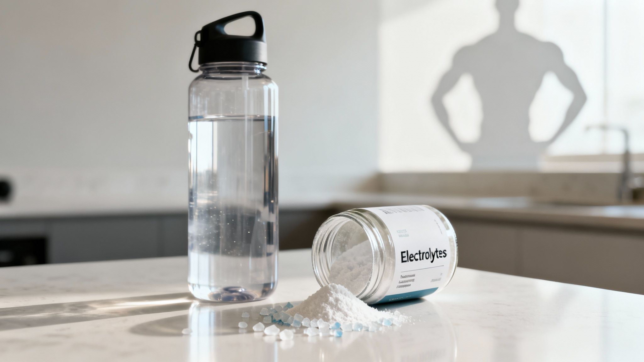 A water bottle and a spilled jar of electrolyte powder on a counter with a muscular silhouette in the background.