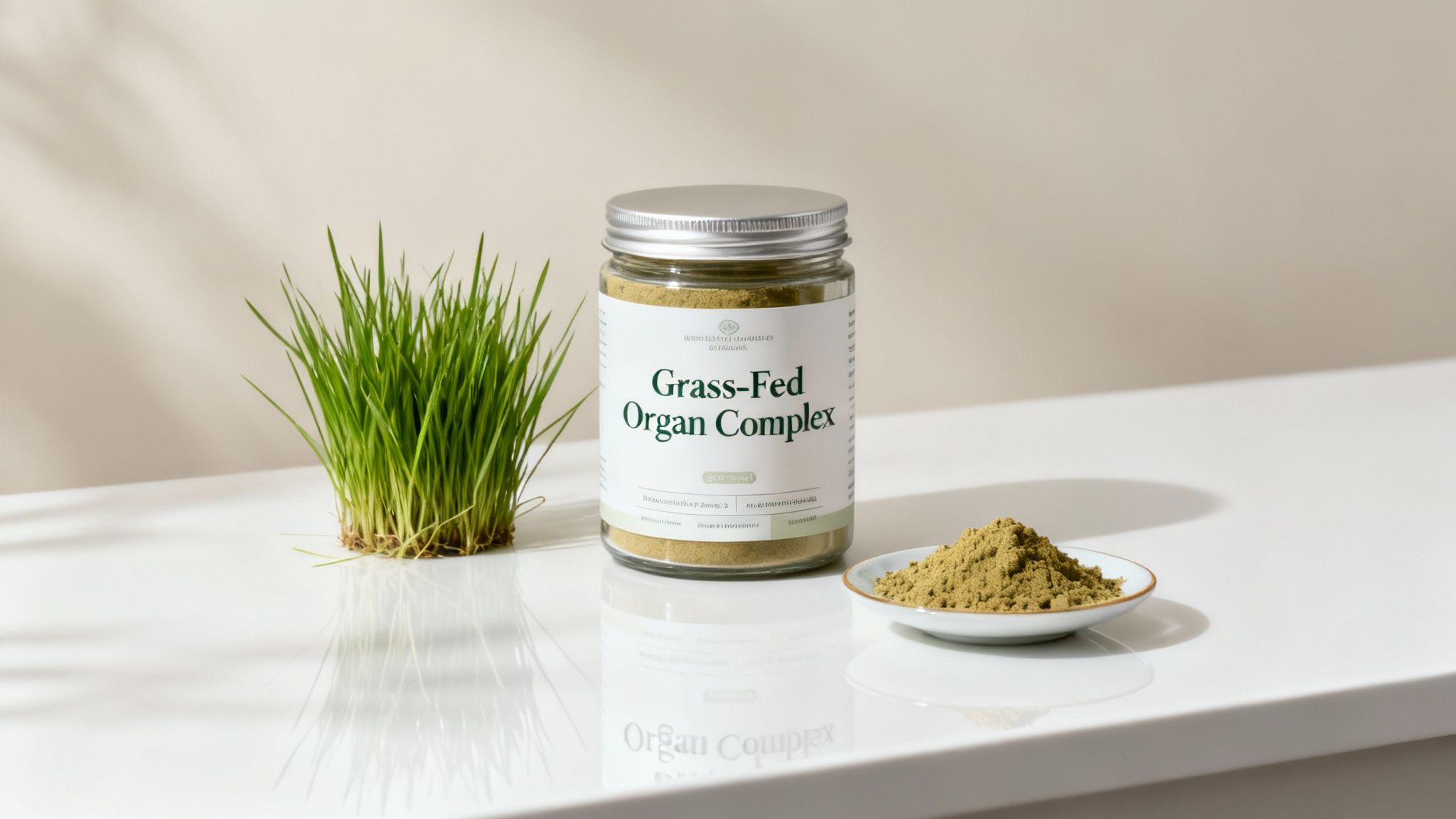 A close-up shot of organ supplement capsules in a wooden bowl, with fresh herbs in the background.
