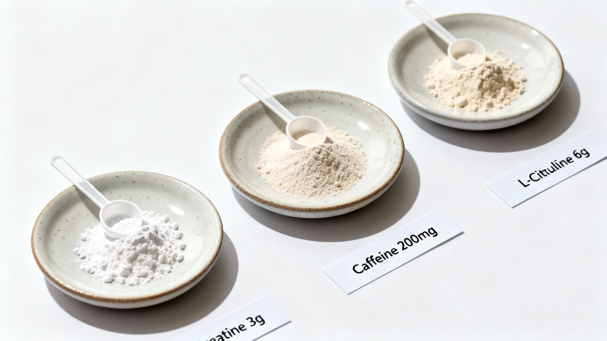 Three bowls with pre-workout supplements: creatine, caffeine, and L-citrulline, each with a scoop.