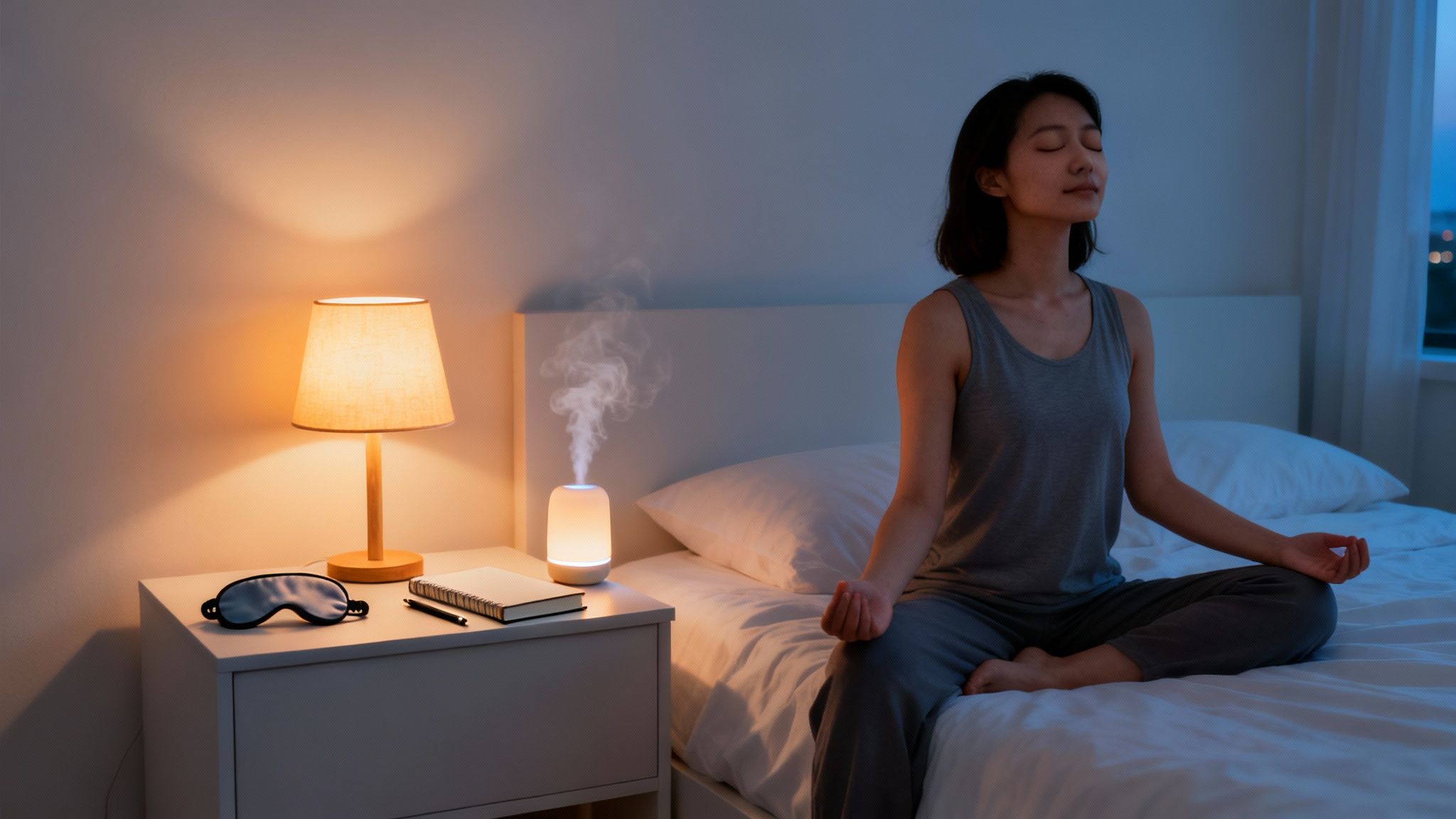 A woman meditates in her bedroom at night, with an aroma diffuser and warm lamp on a nightstand.