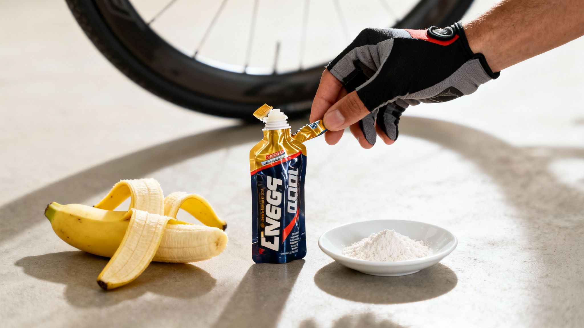 Cycling nutrition: a hand opening an energy gel next to a peeled banana and white powder.