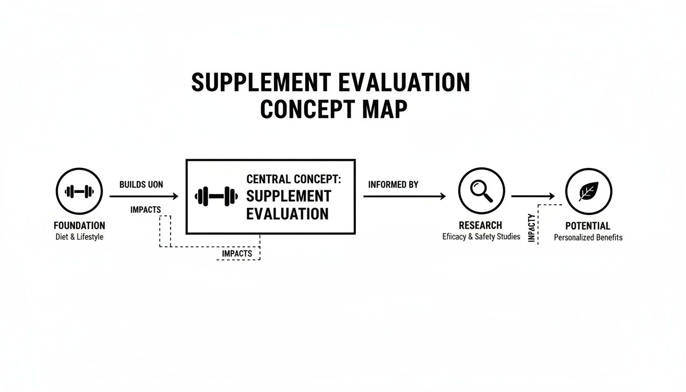 A concept map showing the supplement evaluation process from diet foundation to personalized benefits, informed by research.