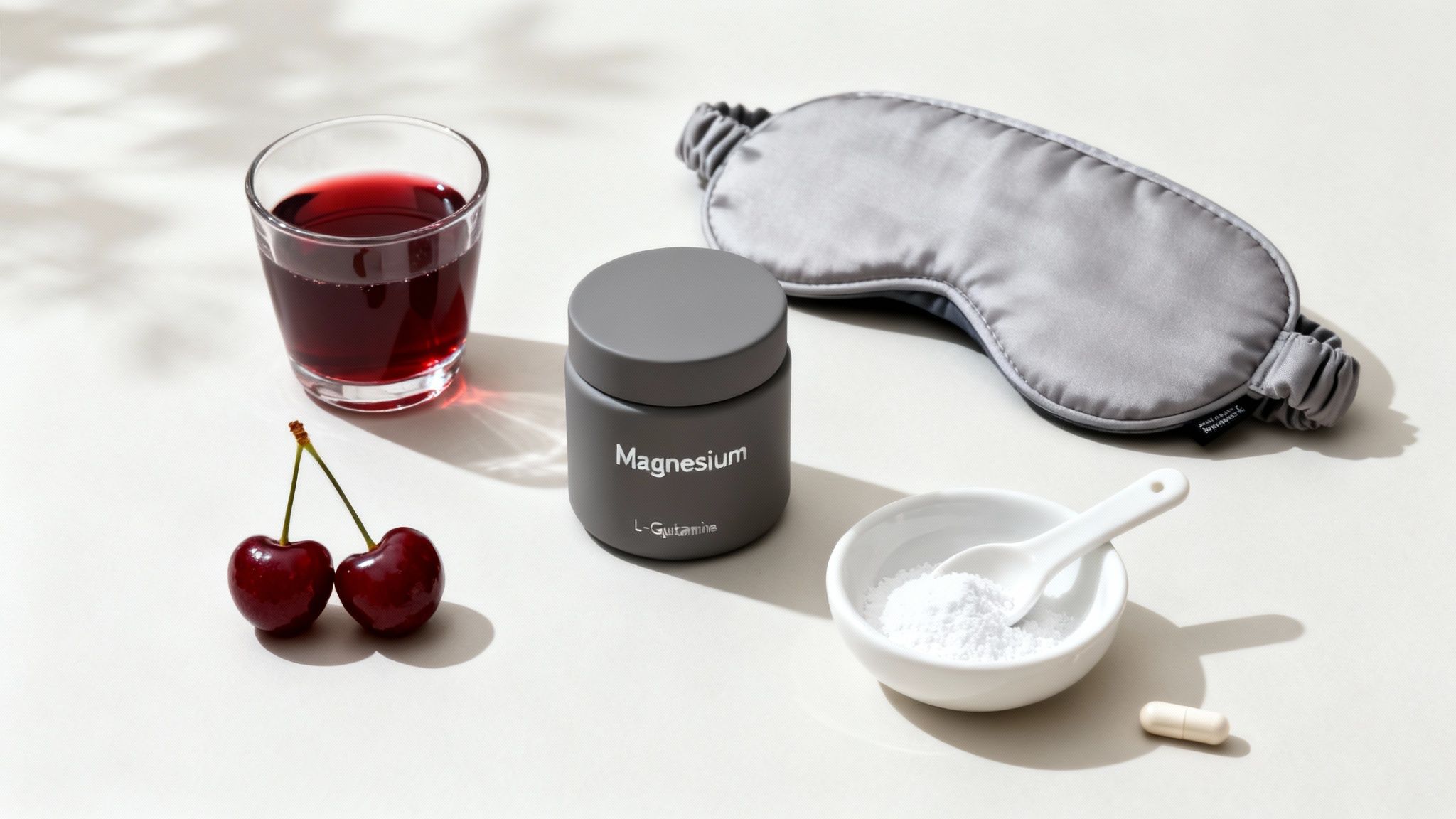 A glass of tart cherry juice next to some cherries and supplement capsules