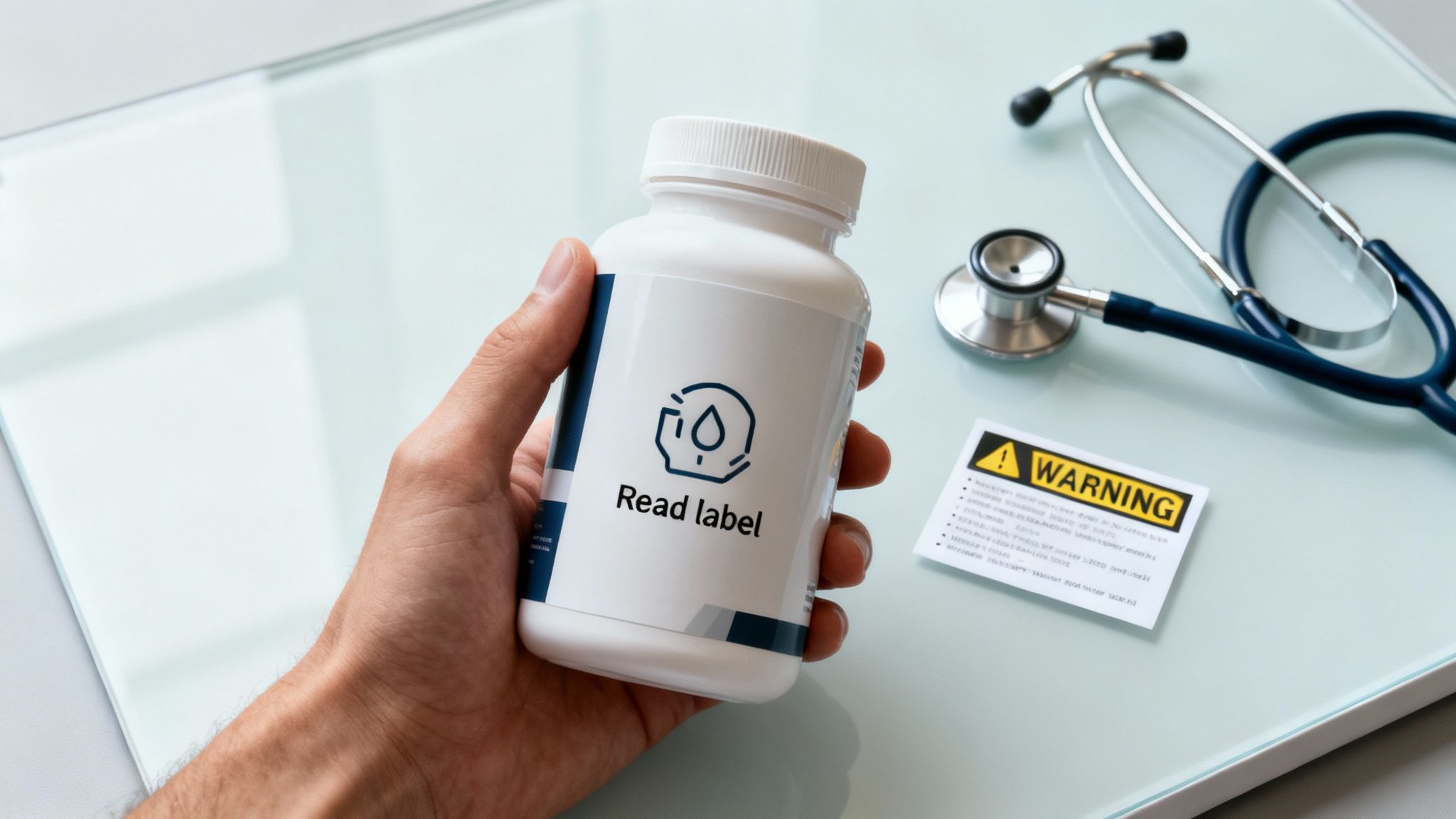 A hand holds a white supplement bottle with 'Read label' text, beside a stethoscope and warning card.