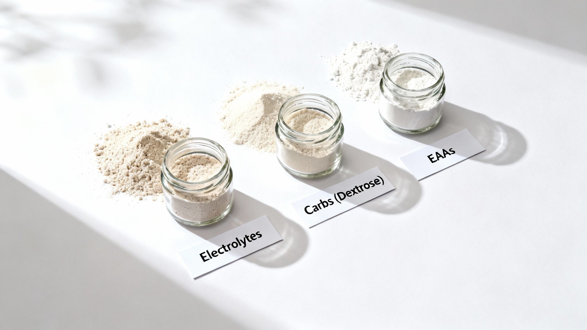 Three glass jars and piles of powdered supplements: Electrolytes, Carbs (Dextrose), and EAAs on a white surface.