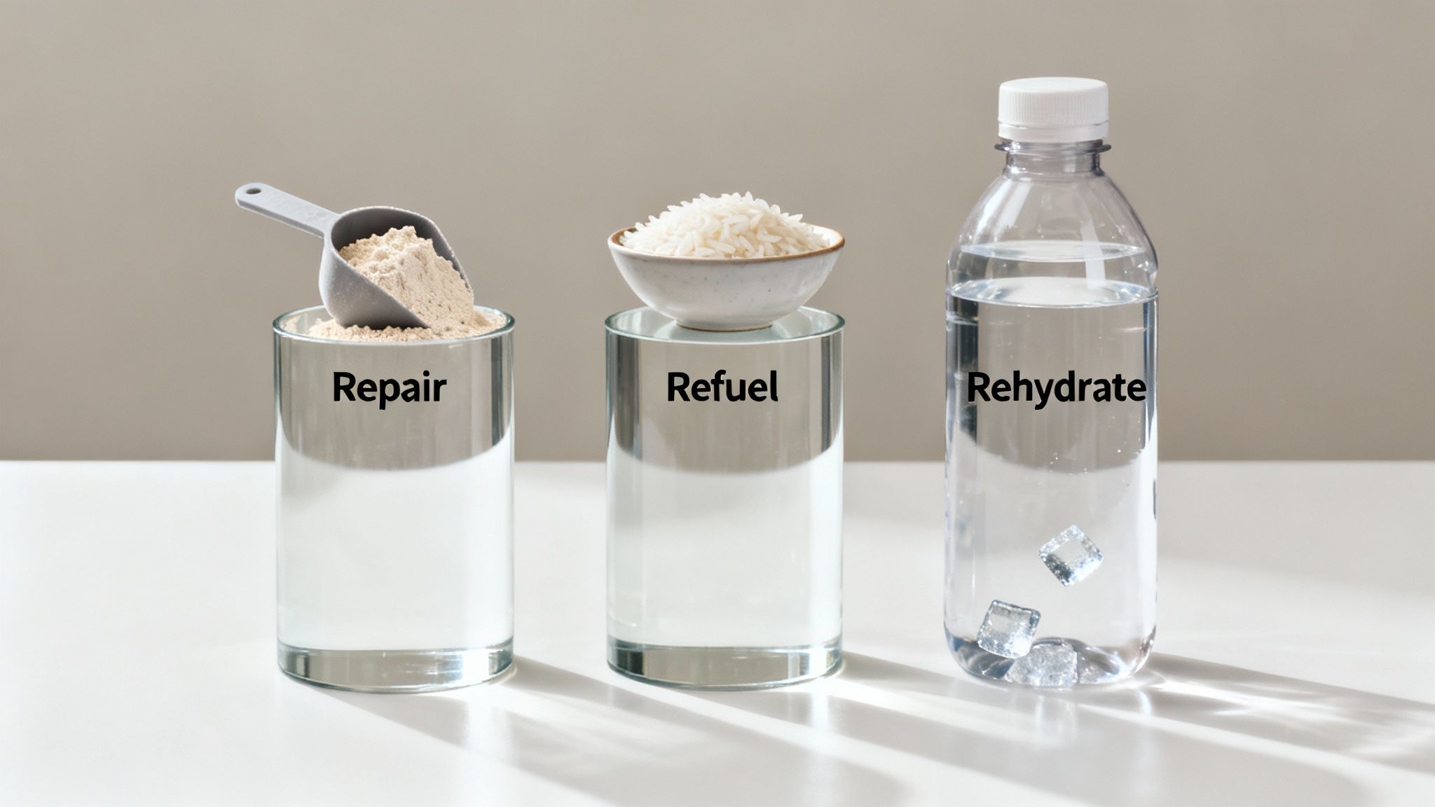 Three clear containers display repair (protein powder), refuel (rice), and rehydrate (water) for recovery.