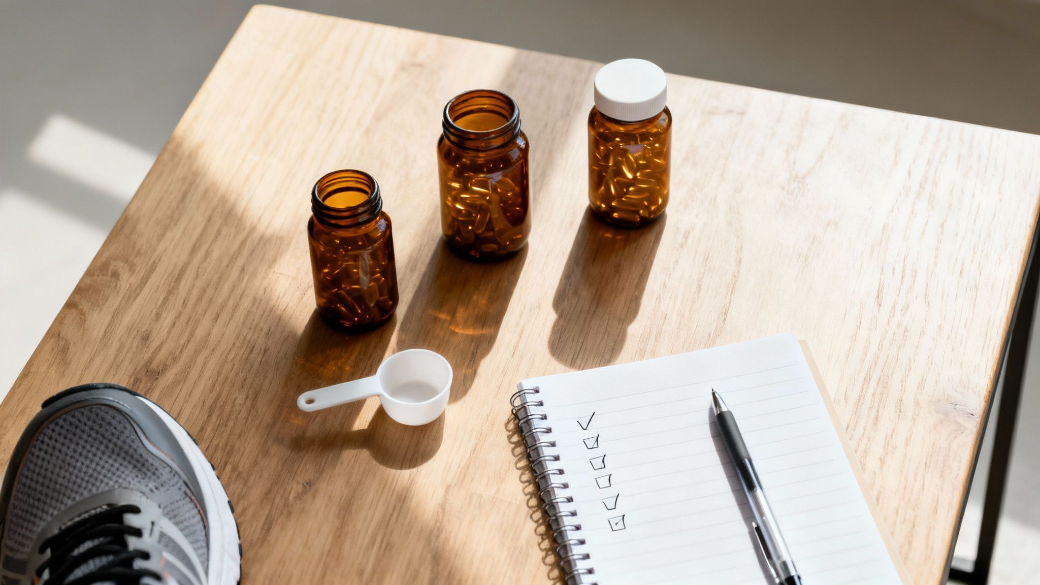 Supplements, a checklist in a notebook, and a running shoe on a sunlit wooden table.