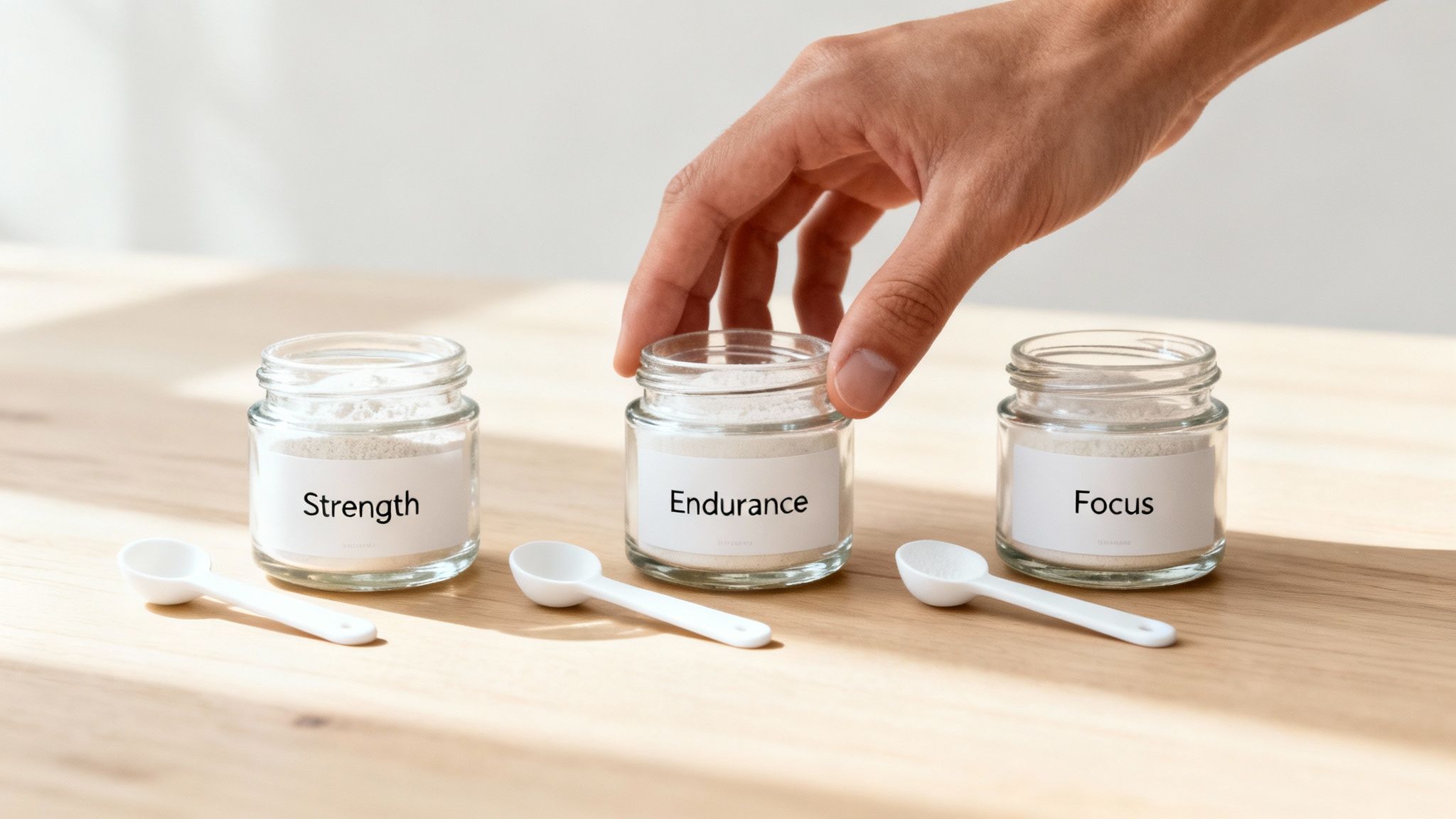 A hand selecting a jar of 'Endurance' supplement powder, with 'Strength' and 'Focus' jars nearby.