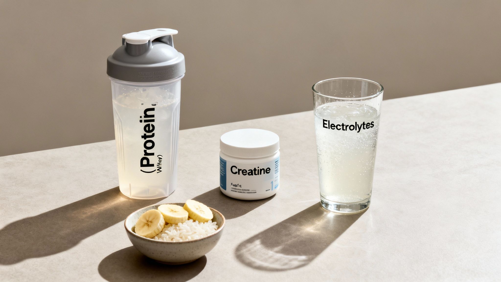 A collection of athletic recovery items: protein shake, creatine, electrolyte drink, and a bowl of rice with bananas.