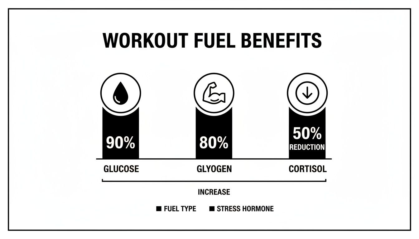 Infographic showing workout fuel benefits: 90% increase in glucose, 80% increase in glycogen, and 50% reduction in cortisol.