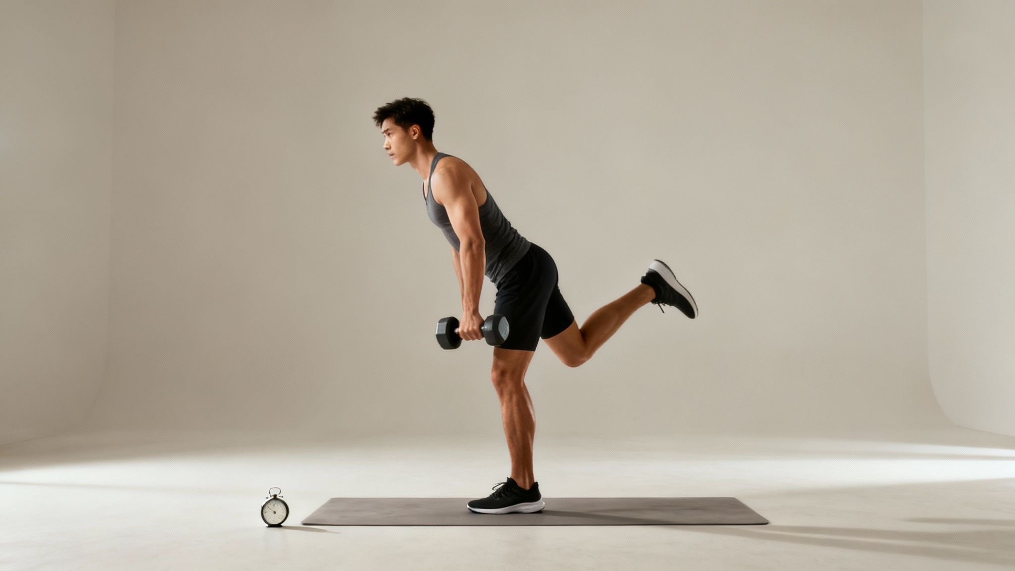 A person performing a weighted squat in a gym setting, illustrating strength training for runners.