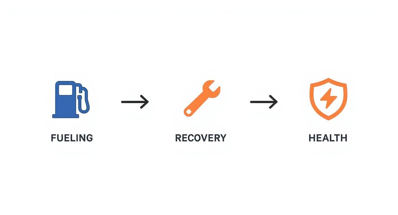 A diagram with icons showing a process: fueling leads to recovery, which leads to health.