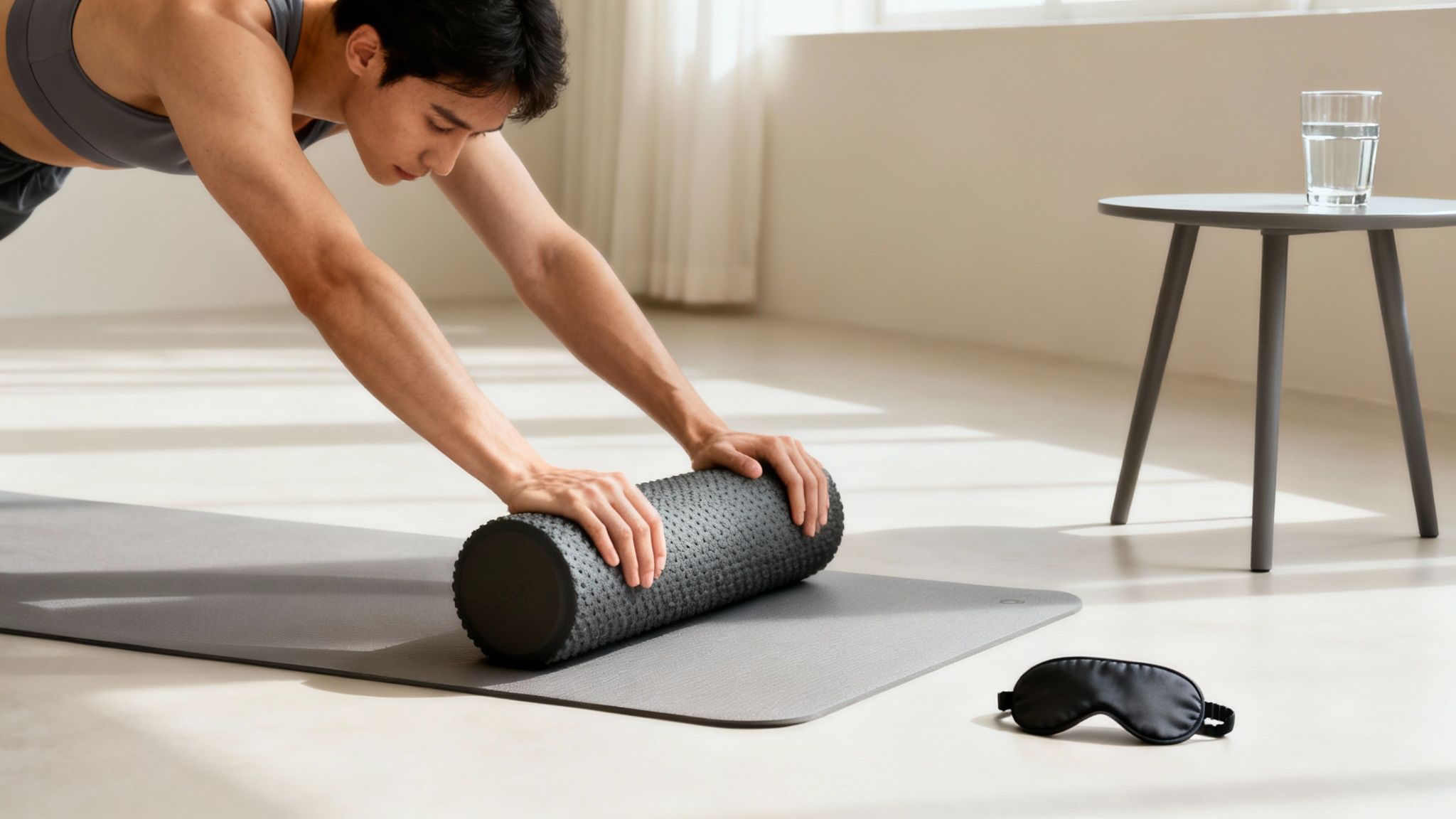 A man uses a foam roller on a yoga mat for recovery, with water and a sleep mask nearby.