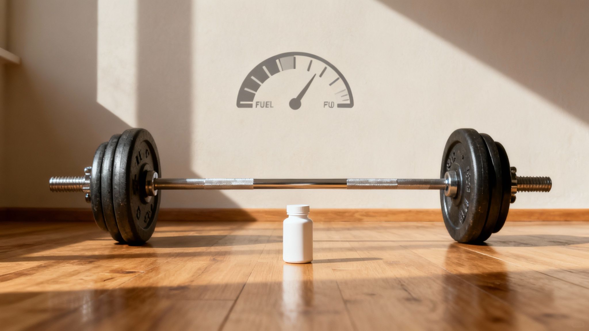 A barbell with weights, a white supplement bottle, and a fuel gauge on a wall, symbolizing fitness and energy.