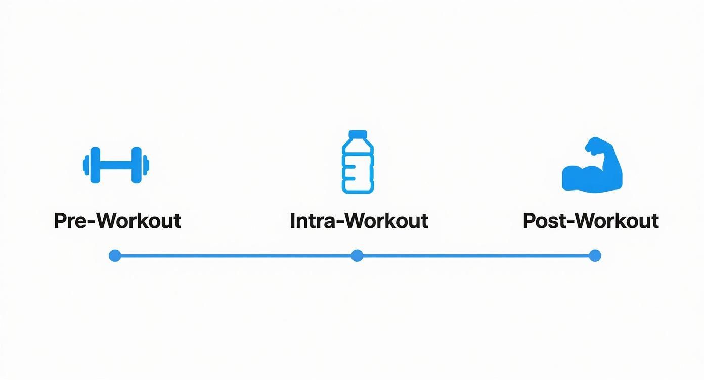 A timeline illustrating pre-workout, intra-workout, and post-workout phases with dumbbell, water bottle, and bicep icons.
