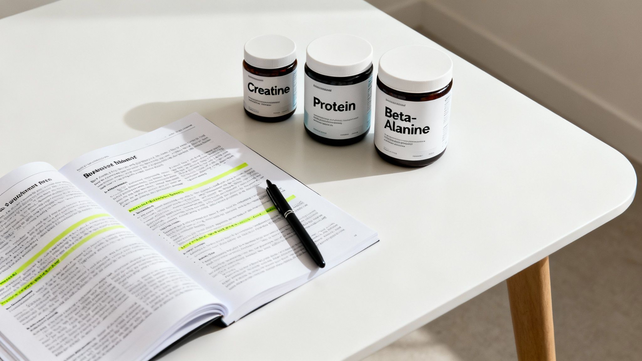 Three supplement jars of creatine, protein, and beta-alanine with research document on white desk