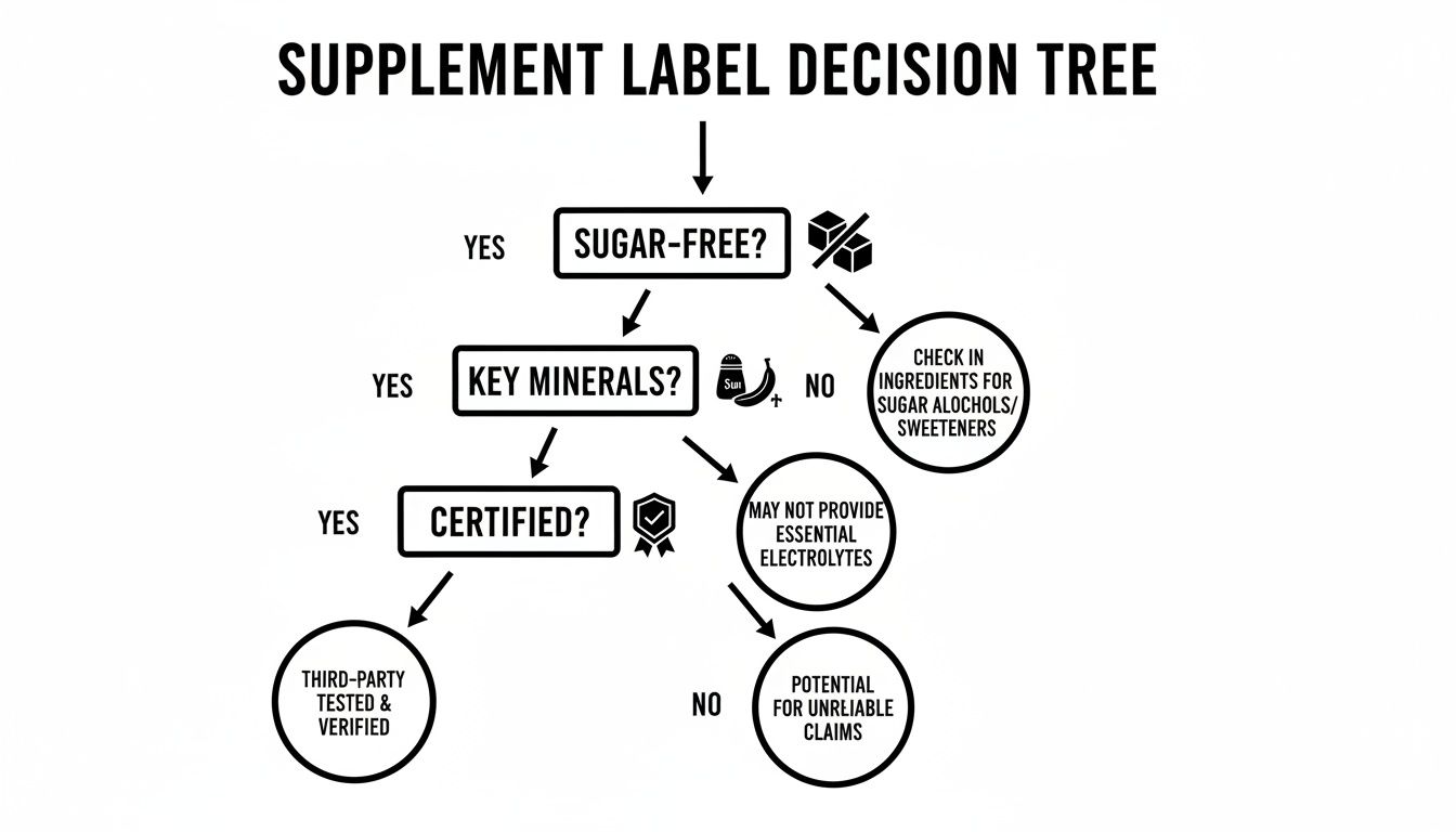 A supplement label decision tree flow chart guides users to evaluate products for sugar, key minerals, and certification.