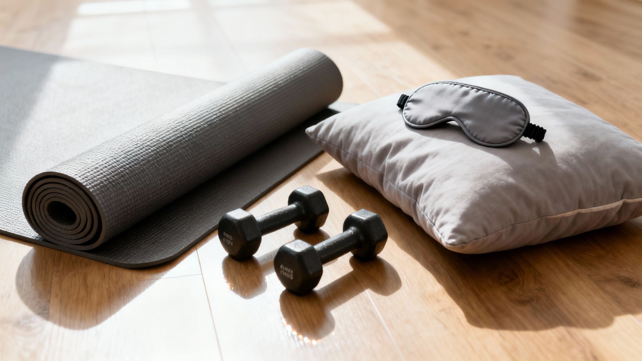 A rolled yoga mat, two dumbbells, a pillow, and a sleep mask on a sunlit wooden floor.