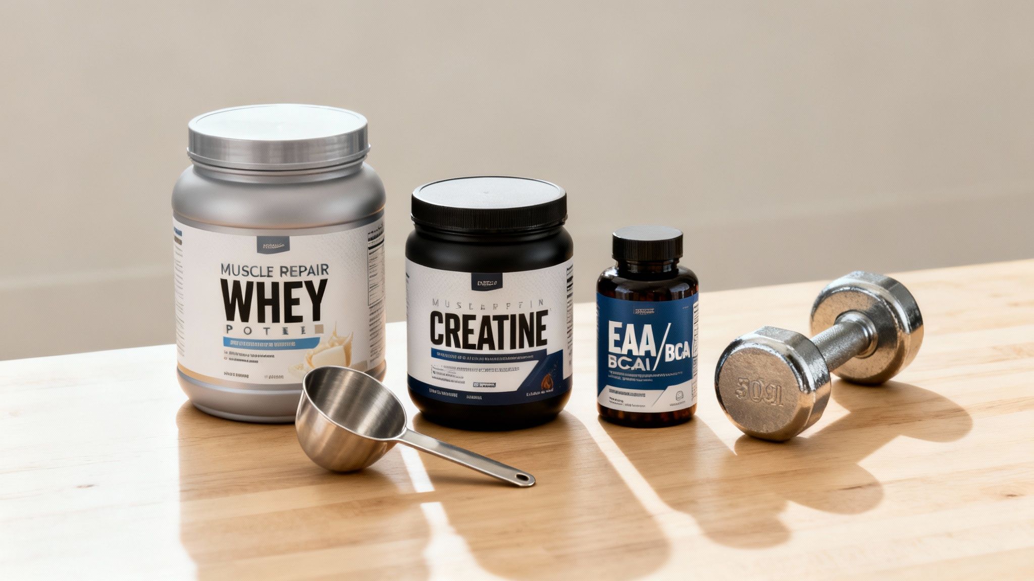 Fitness supplements including whey protein, creatine, EAA/BCAA, a dumbbell, and scoop on a wooden table.