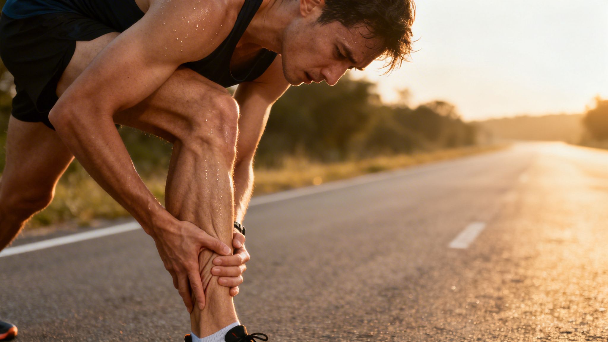 A male runner, sweating and grimacing, holds his painful leg on a road at sunset.